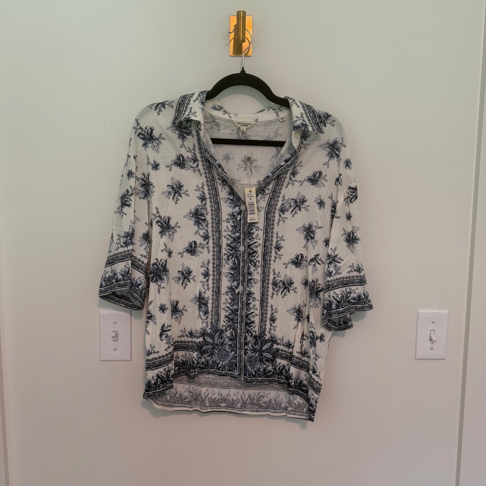 Max Studio London Womens Blue White Toile Floral Button Down Blouse NWT S